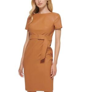 Calvin Klein Faux-Leather Belted Sheath Dress Luggage Brown Size 10 NWT